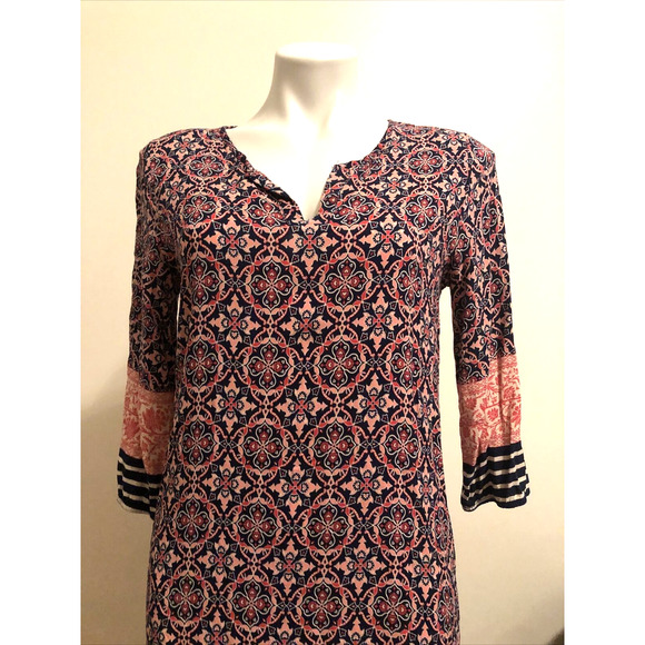 IRIS Pink Navy Print 3/4 Sleeve V-Neck Rayon Shift Mini Dress Tunic Top Large - Picture 2 of 9